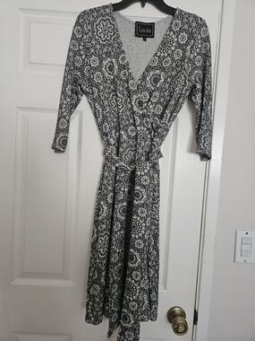 Leota Black and Silver Printed Faux Wrap Dress